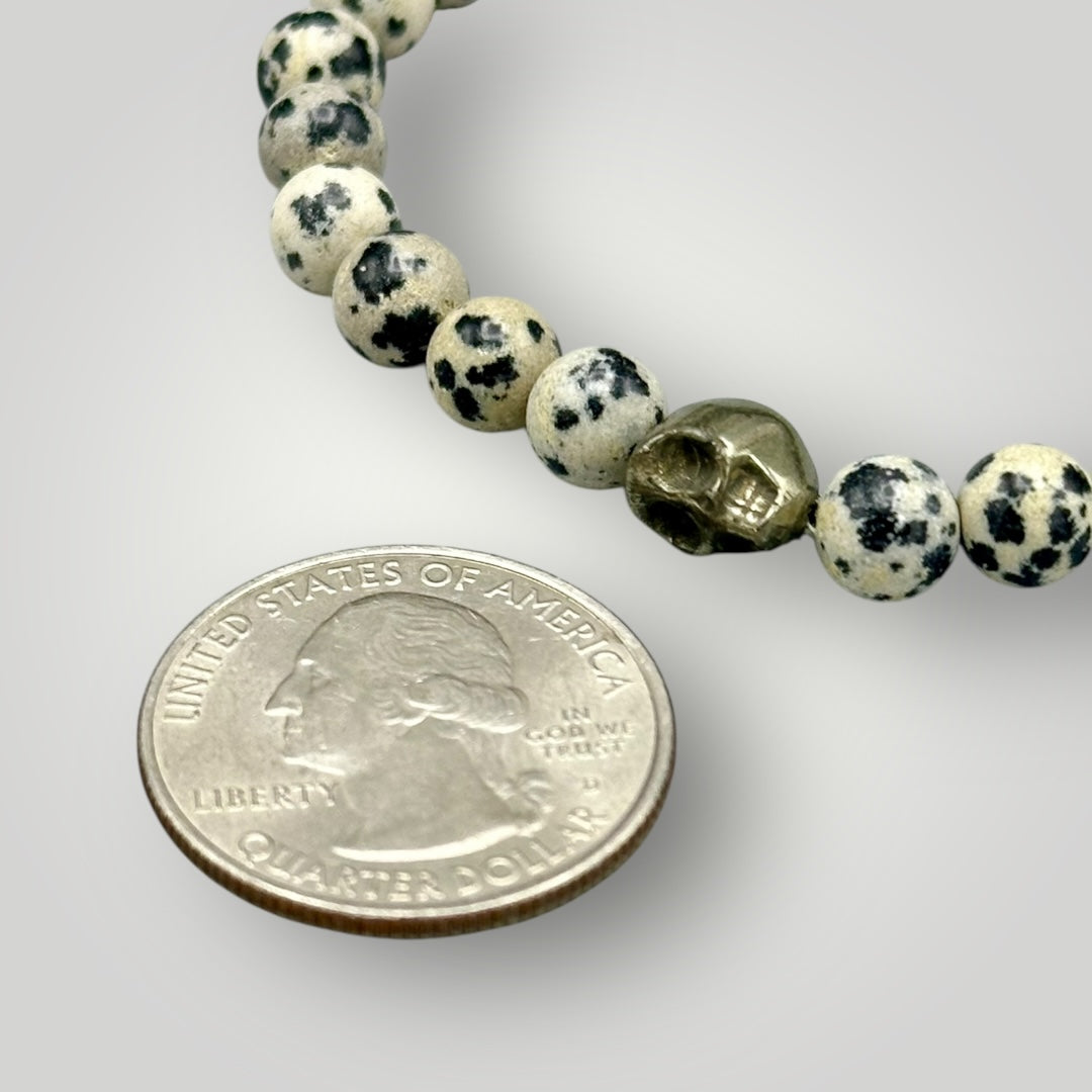 Dalmatian Jasper and Pyrite Skull Beaded Bracelet