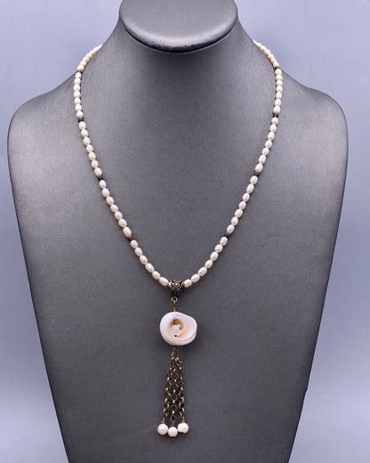 Shell Pendant Tassel on Pearl Beaded Necklace
