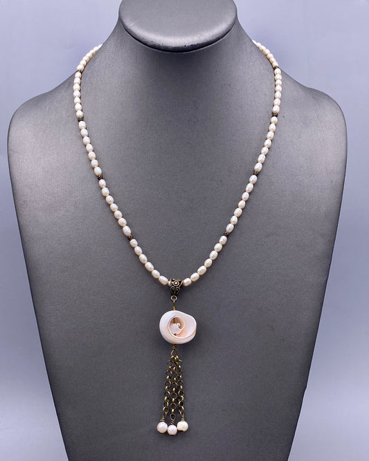 Shell Pendant Tassel on Pearl Beaded Necklace