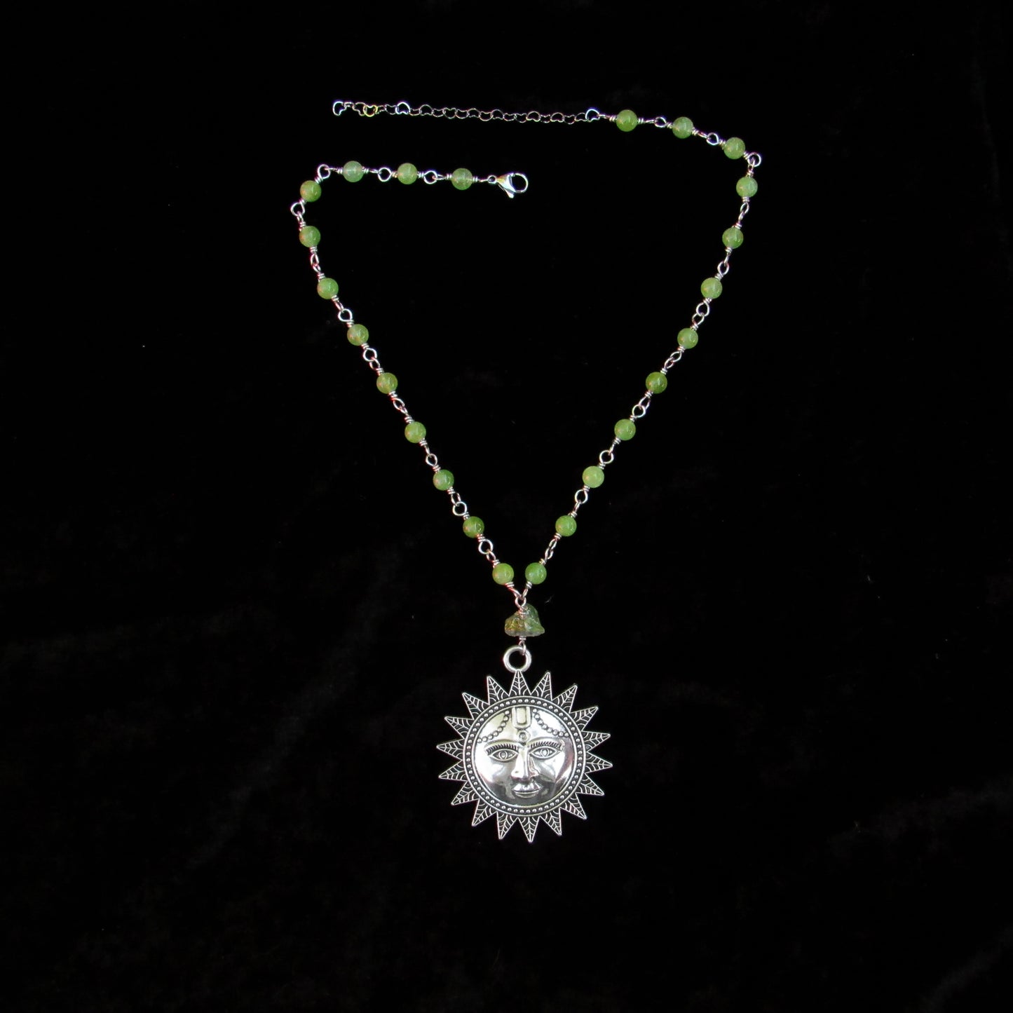 Peridot gemstone beaded necklace with Sun pendant