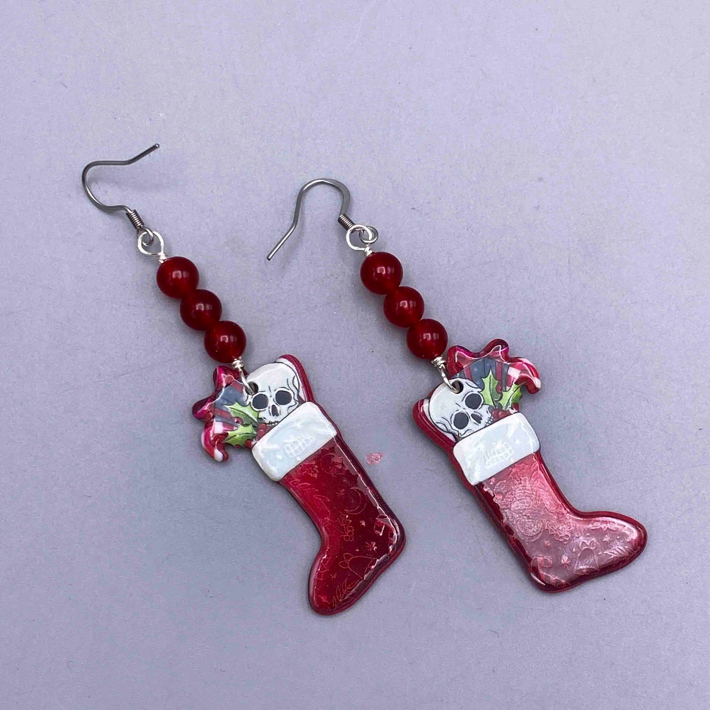 Jade and skull Christmas earrings