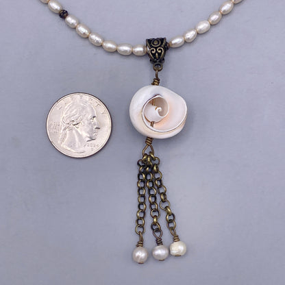 Shell Pendant Tassel on Pearl Beaded Necklace
