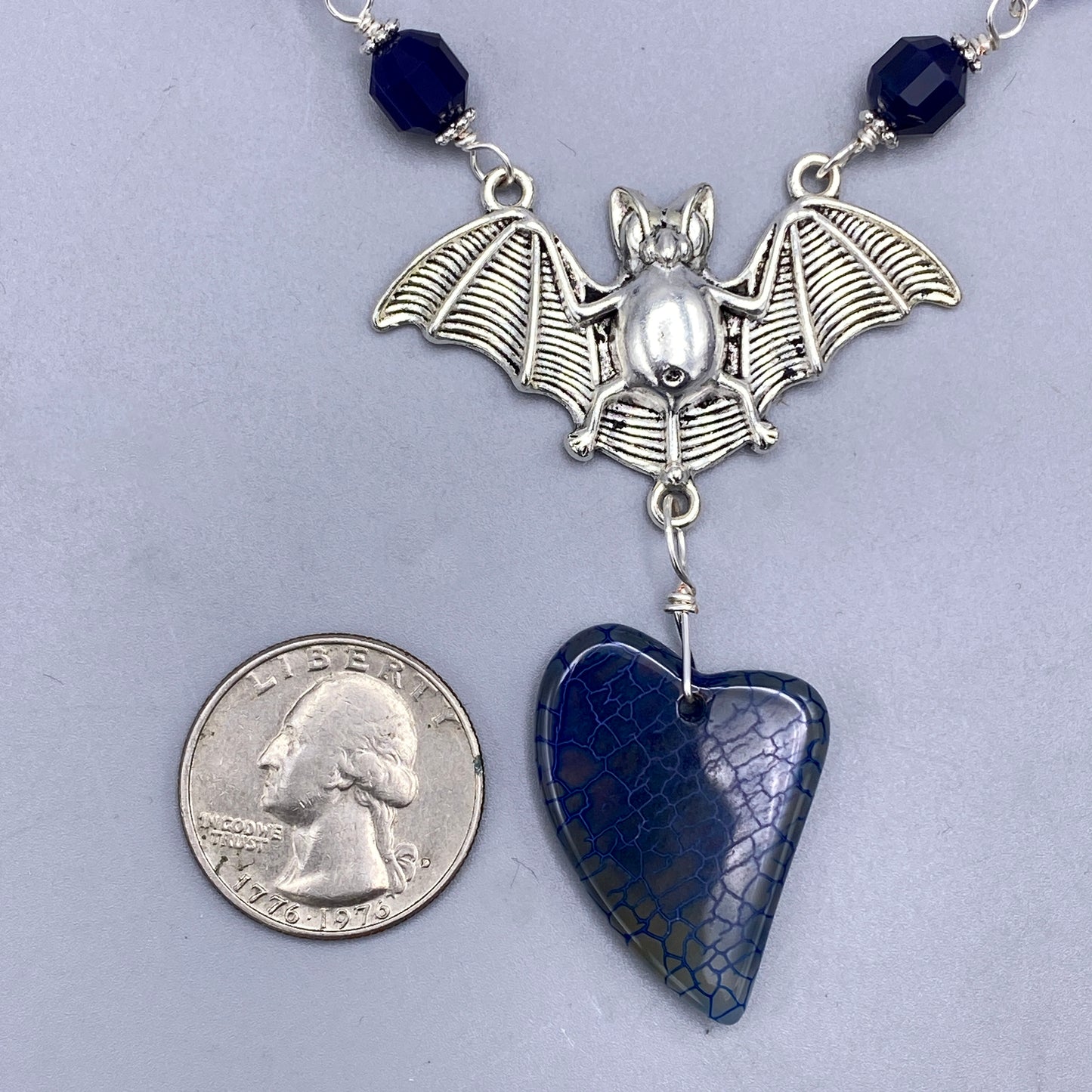 Blue Agate gemstone crystals bat pendant Halloween Necklace