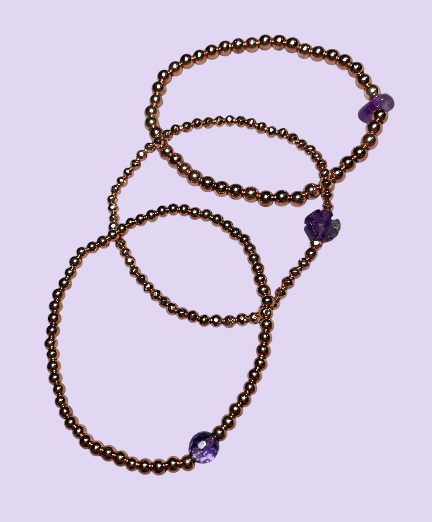Dainty Amethyst Flower and  Rose Hematite Bracelet Stack