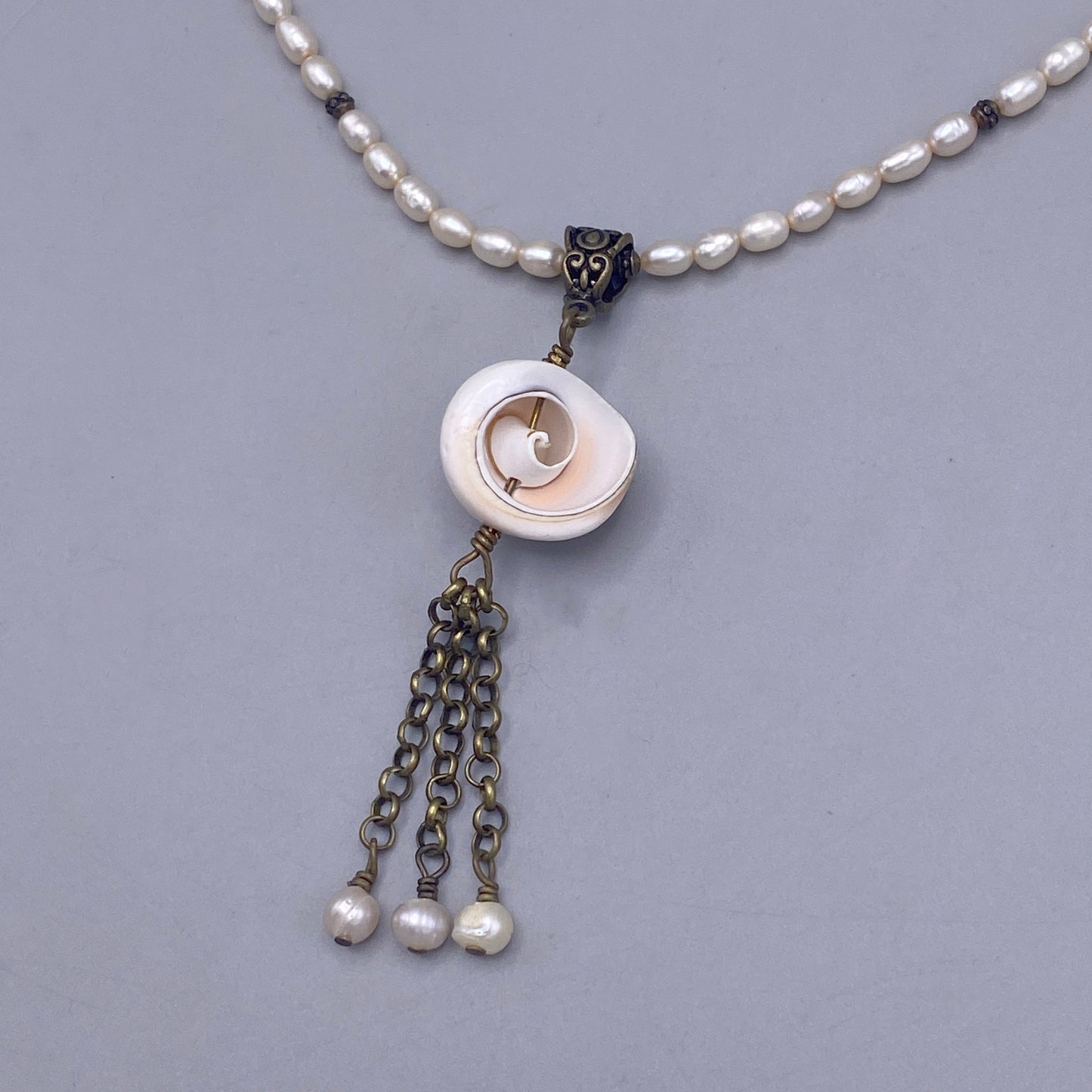 Shell Pendant Tassel on Pearl Beaded Necklace