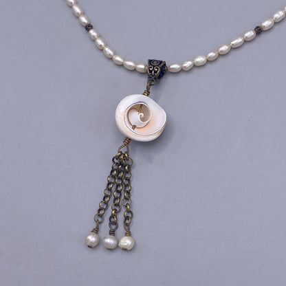 Shell Pendant Tassel on Pearl Beaded Necklace