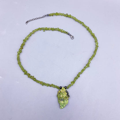 Chrysoprase gemstone carved Leaf with Peridot gemstone Beaded Necklace