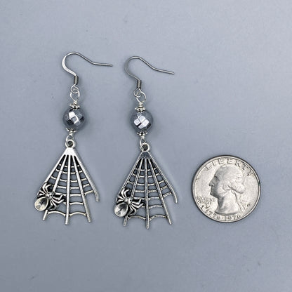 Spider in Web and Hematite Dangle earrings