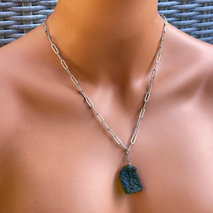 Moldavite Pendant on stainless steel chain necklace.