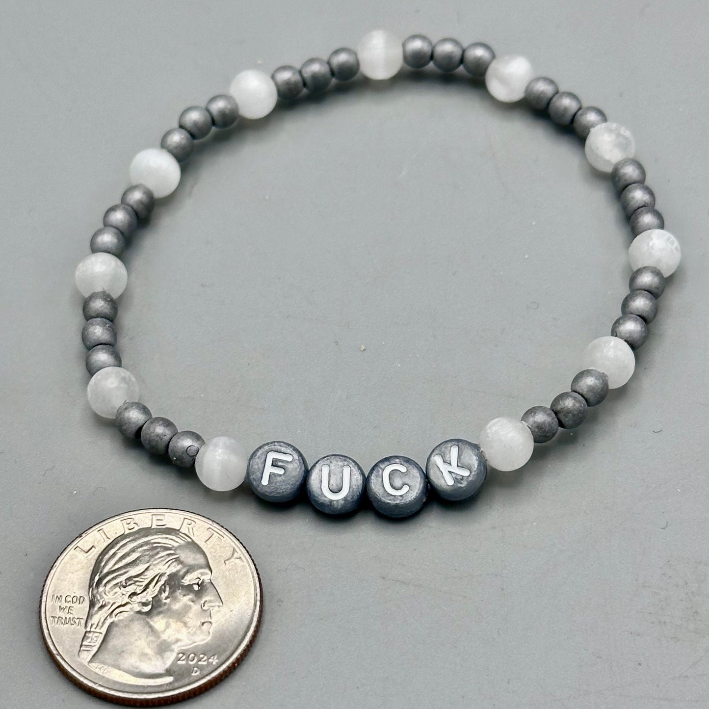 Hematite and Selenite “Fuck” Bracelet