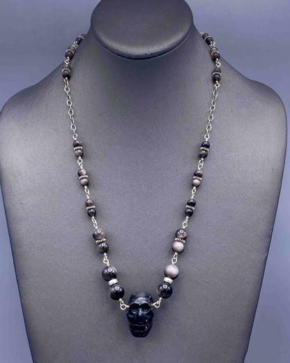 Black Obsidian and Silver Obsidian Skull Necklace