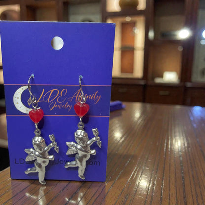 Cupid and Red Jade Heart Earrings