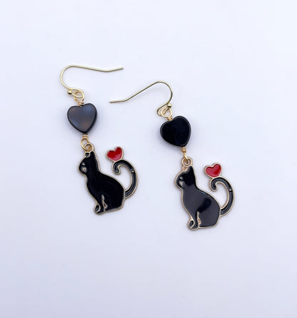 Black Cat and Onyx Gemstone Heart Earrings