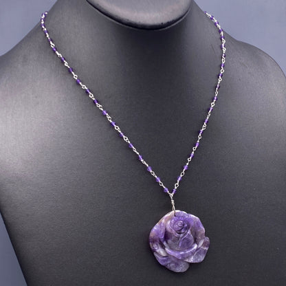 Amethyst Rose Pendant on Beaded Chain