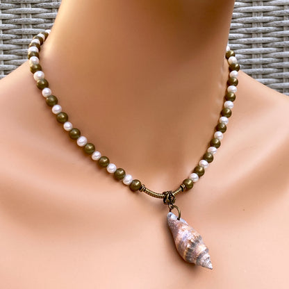 Pearl and Brass with Shell Pendant Necklace