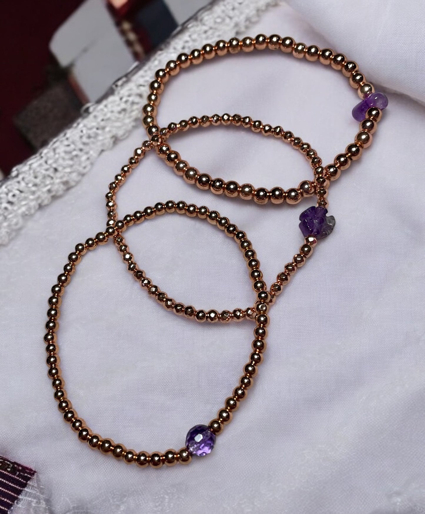 Dainty Amethyst Flower and  Rose Hematite Bracelet Stack