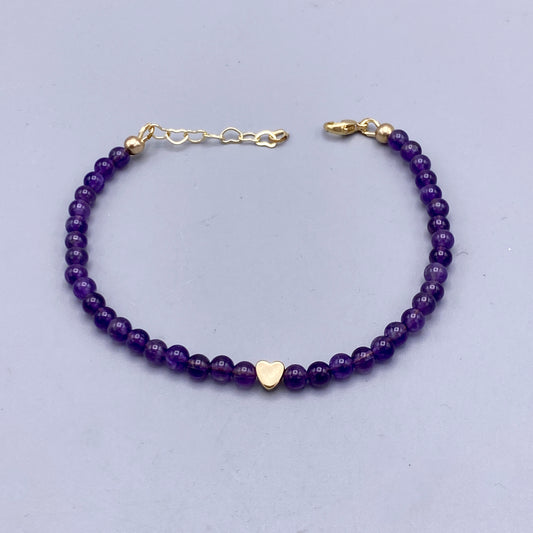 Amethyst gemstone and Gold Heart Bracelet