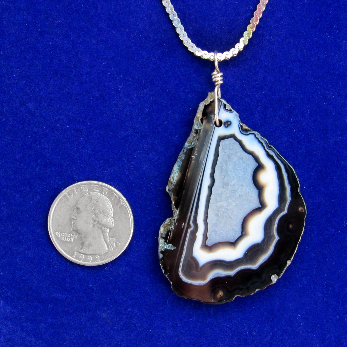 Black Banded Agate gemstone slice on Vintage Silver Chain