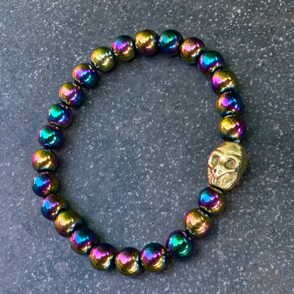 Rainbow Hematite gemstone Skull Bracelet