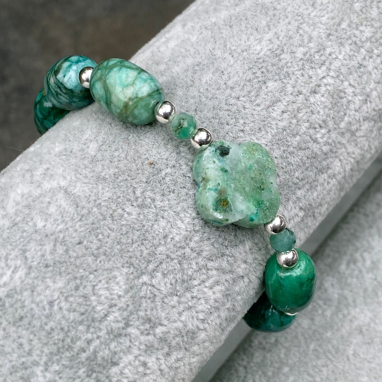 Chrysocolla Clover and Emerald gemstone Beaded Stretch Bracelet