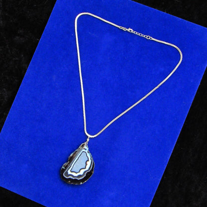 Black Banded Agate gemstone slice on Vintage Silver Chain