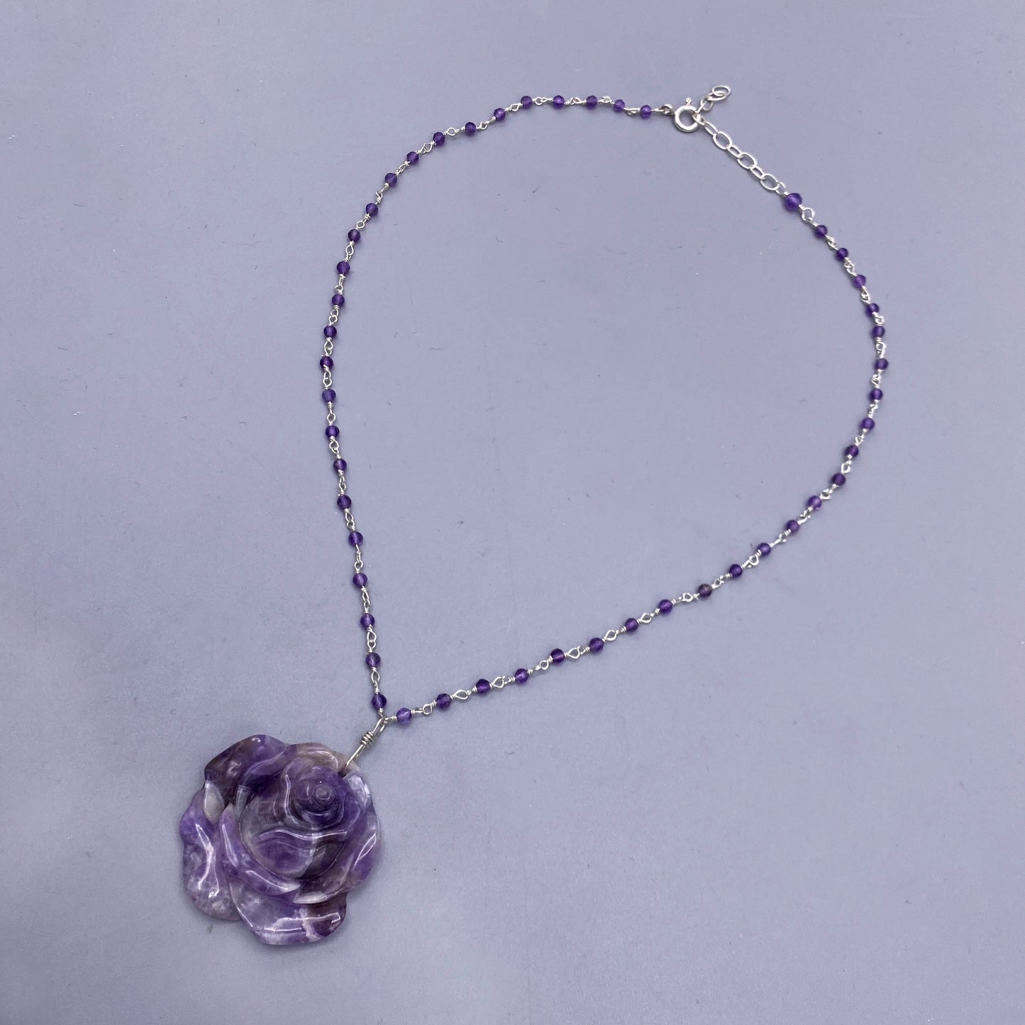 Amethyst Rose Pendant on Beaded Chain