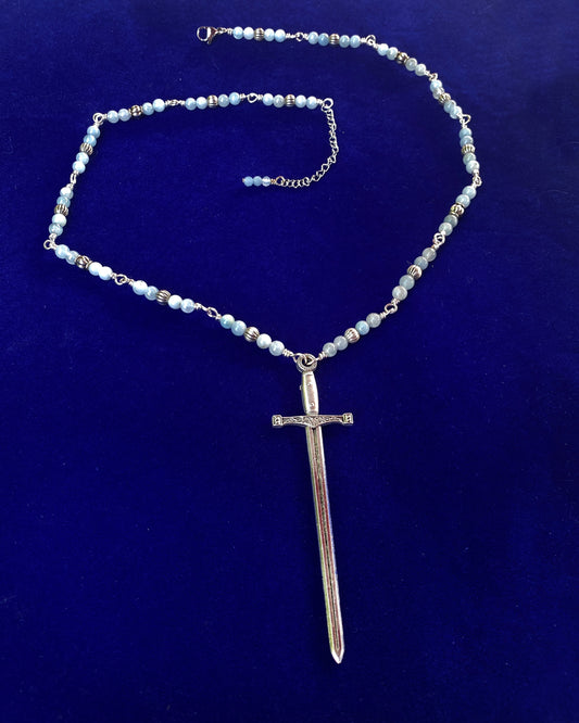 Aquamarine bead and Chain with sword pendant necklace