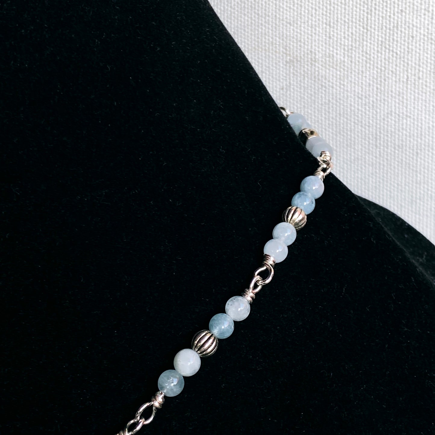 Aquamarine bead and Chain with sword pendant necklace