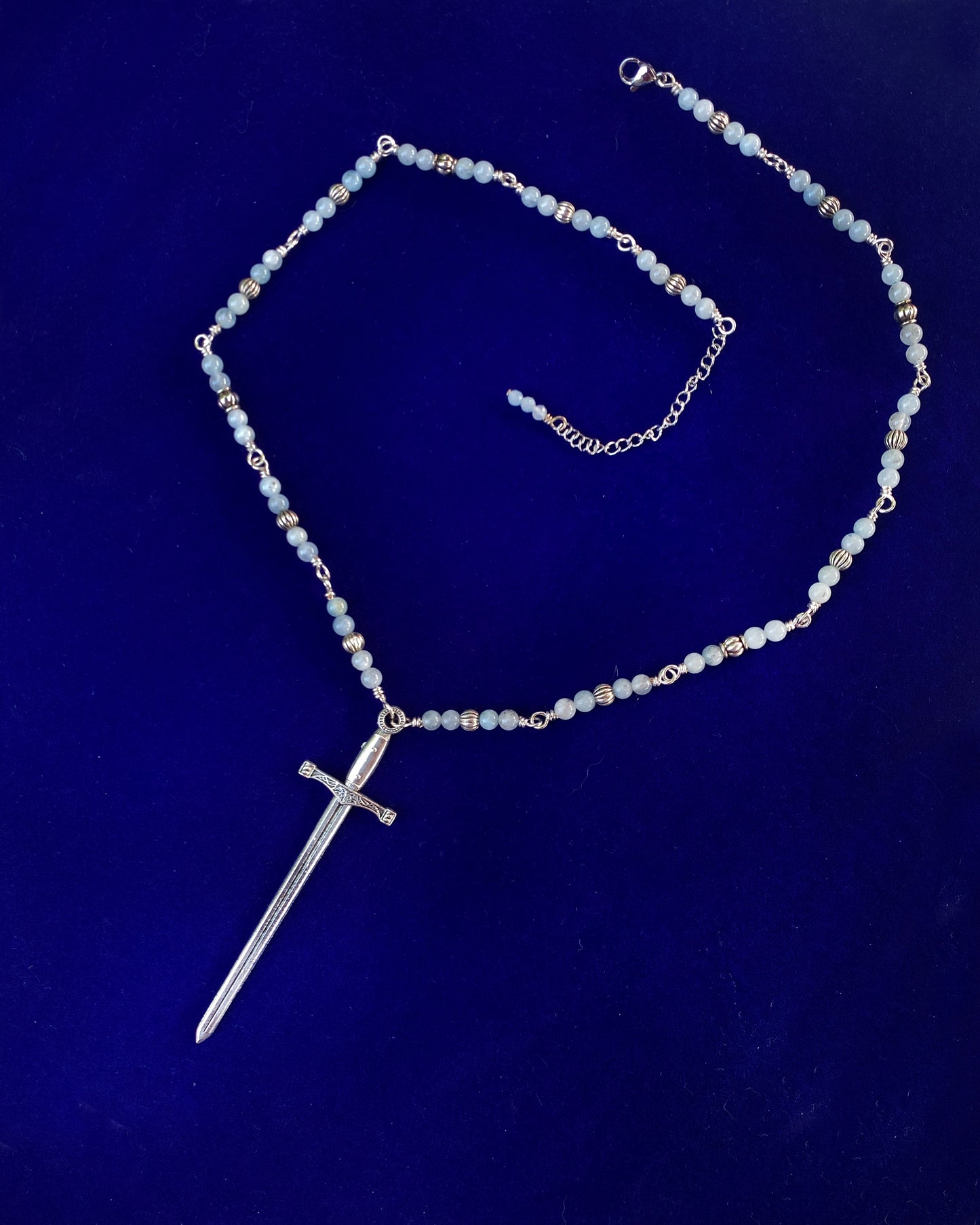 Aquamarine bead and Chain with sword pendant necklace