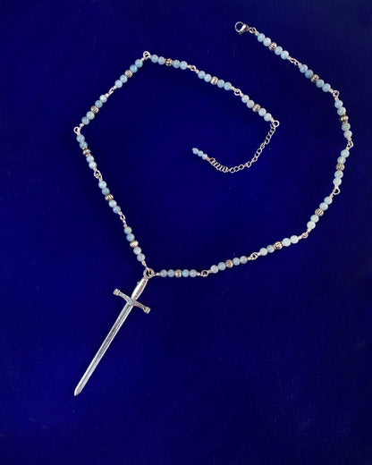 Aquamarine bead and Chain with sword pendant necklace