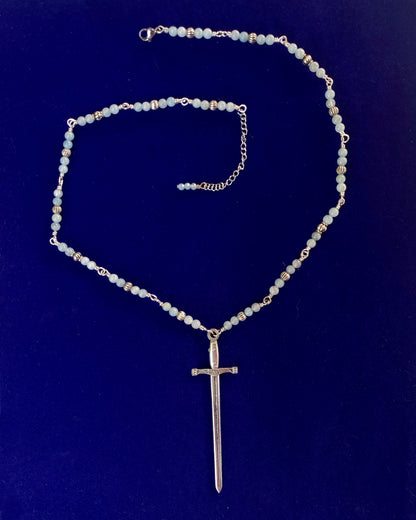 Aquamarine bead and Chain with sword pendant necklace