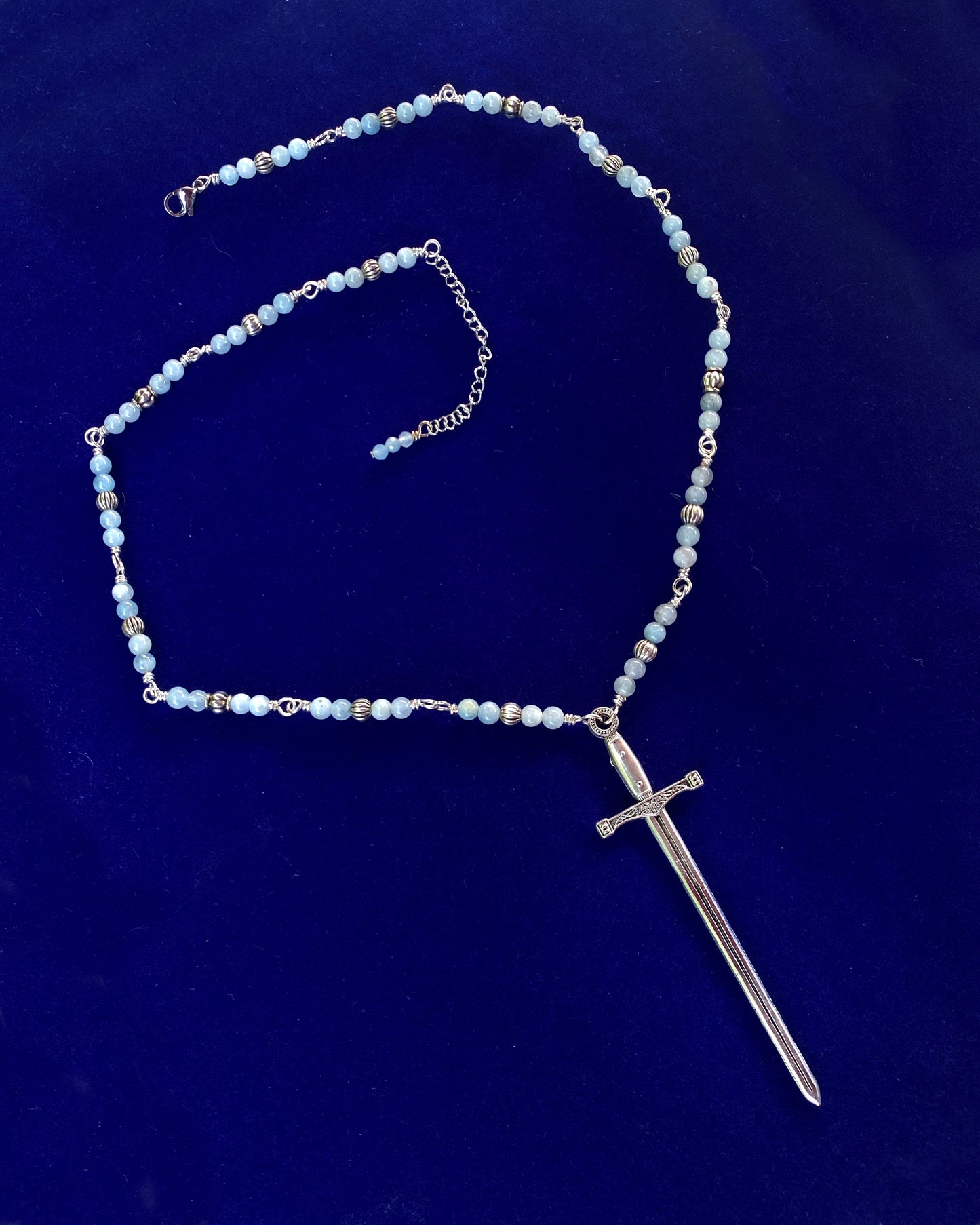 Aquamarine bead and Chain with sword pendant necklace