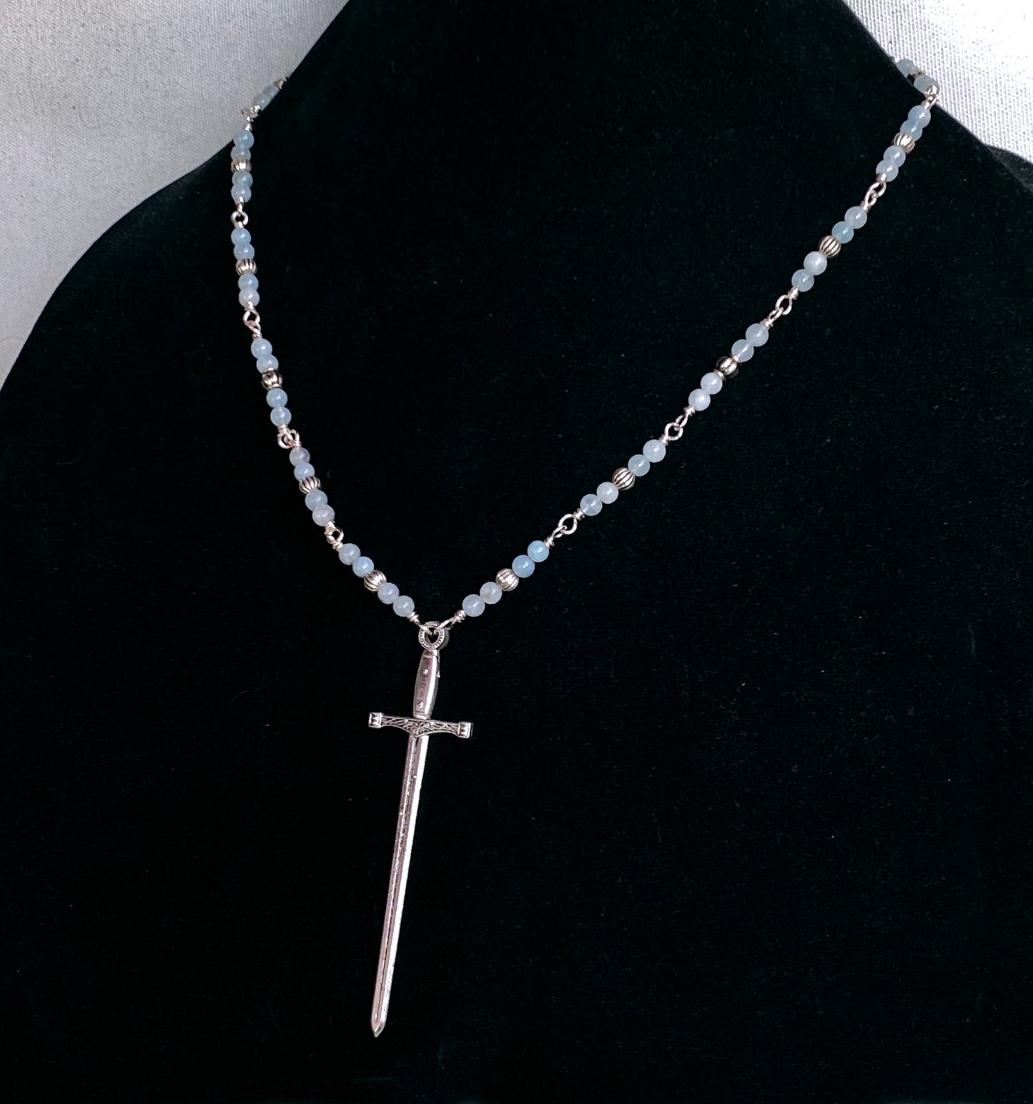 Aquamarine bead and Chain with sword pendant necklace