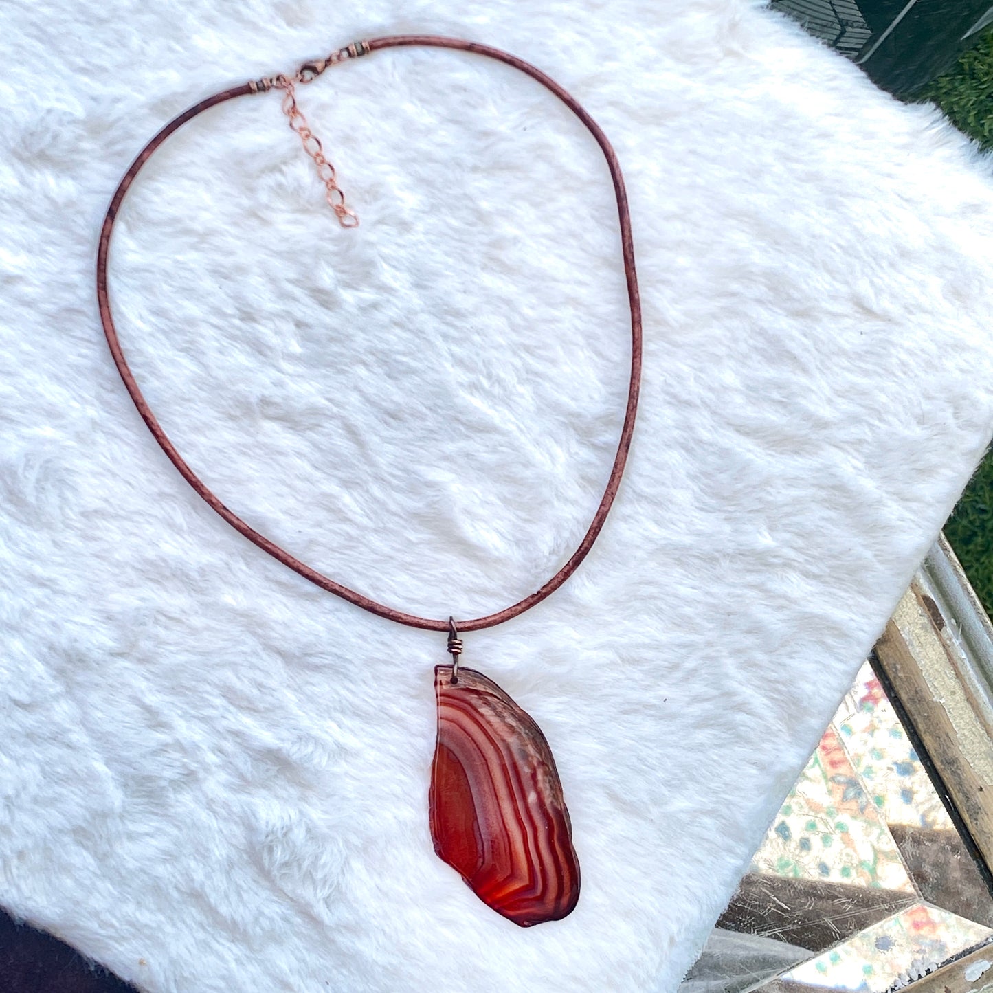 Brown Agate gemstone slice Leather Necklace