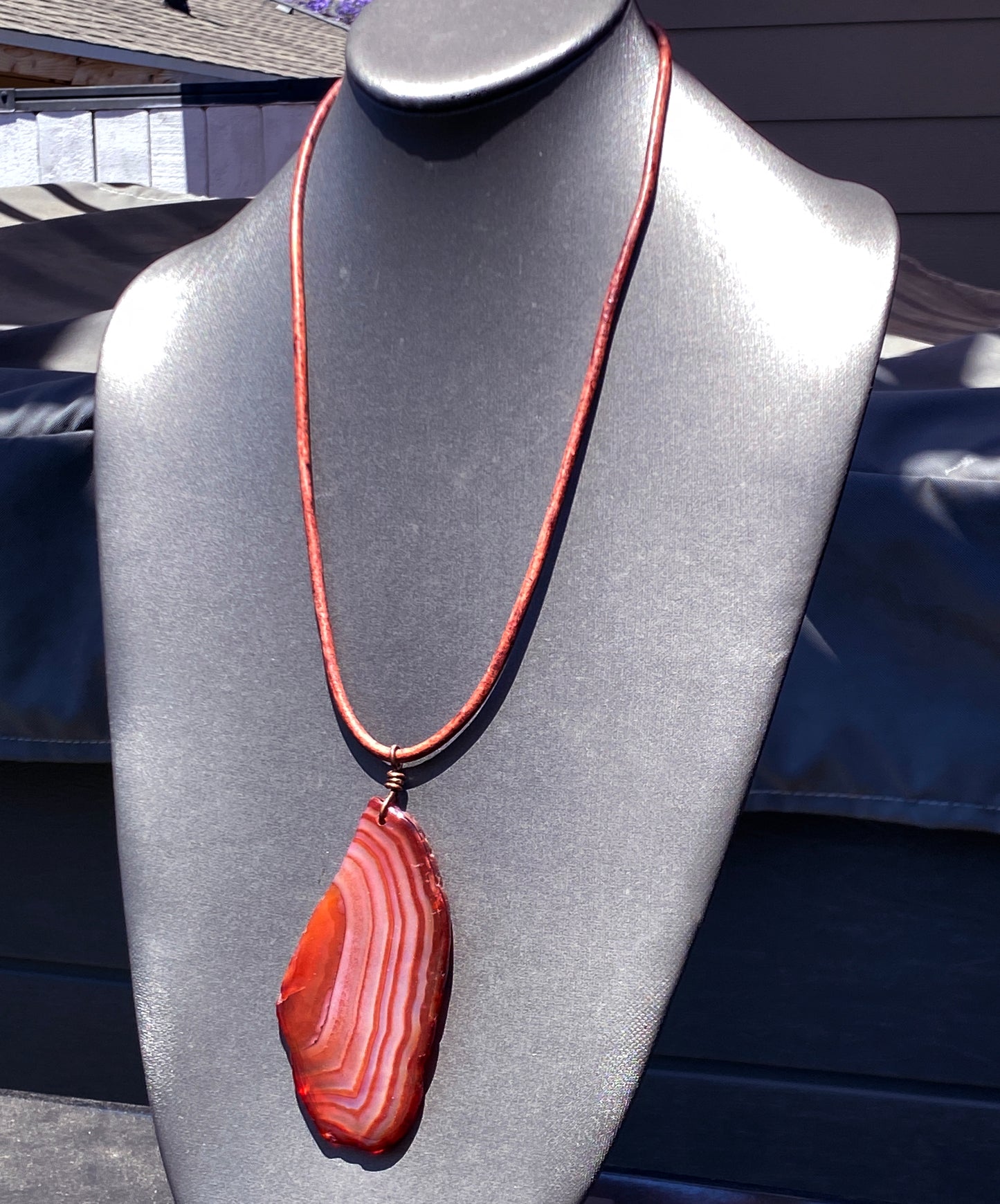 Brown Agate gemstone slice Leather Necklace