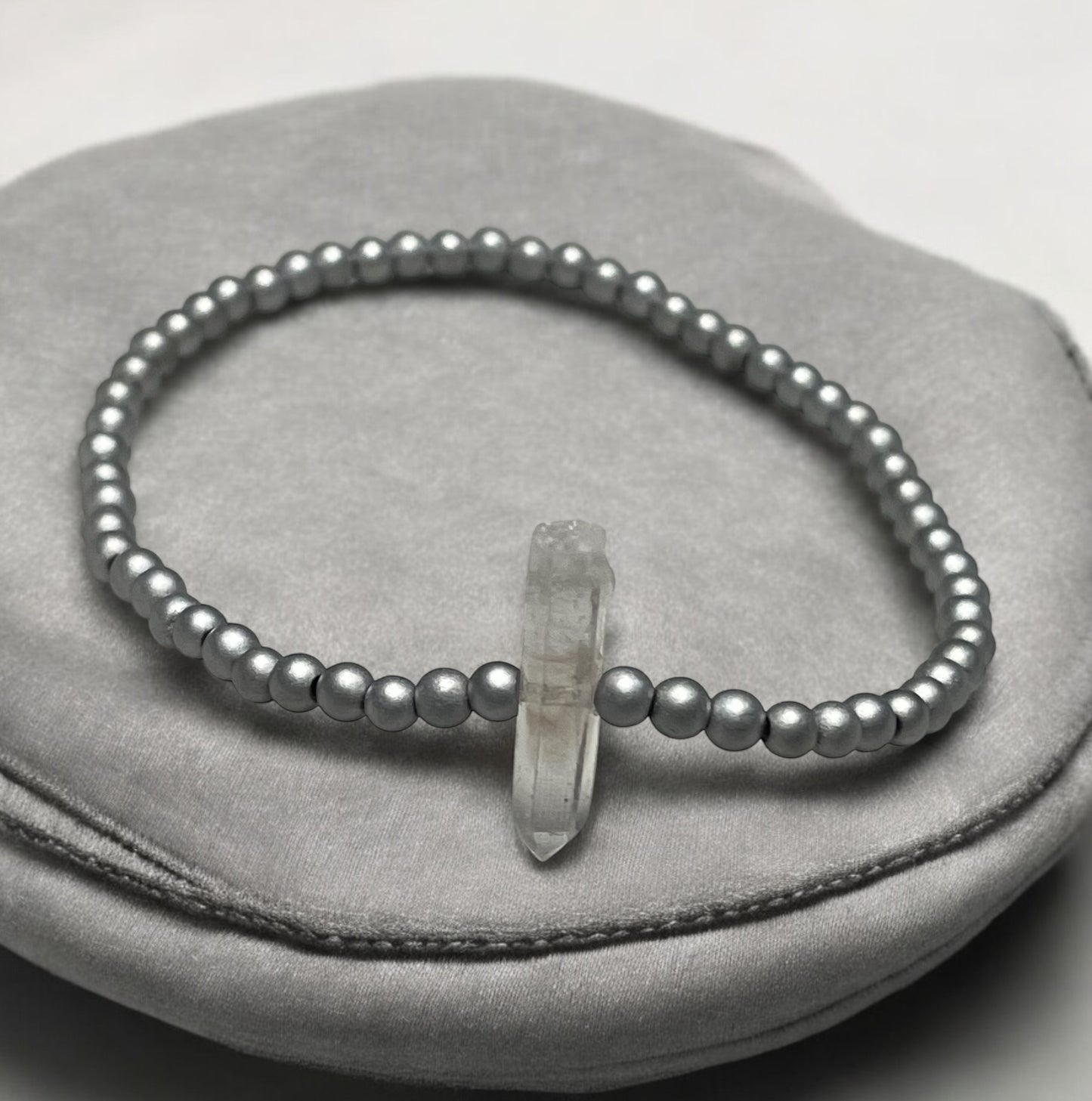 Dainty matte silver Hematite and Quartz gemstone Beaded Stretch Bracelet