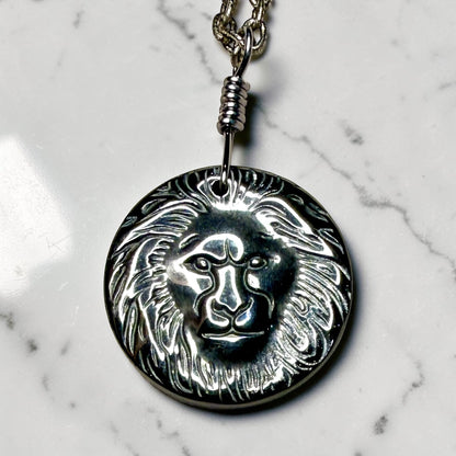 Hematite Lion Pendant on Patina copper chain Necklace