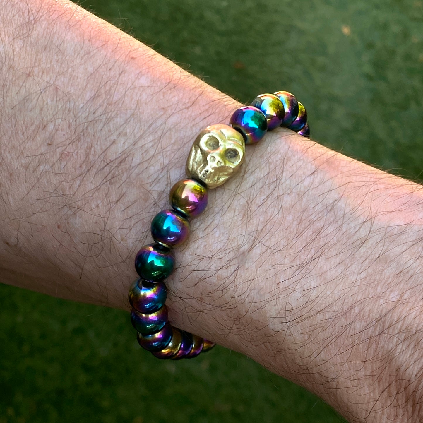 Rainbow Hematite gemstone Skull Bracelet