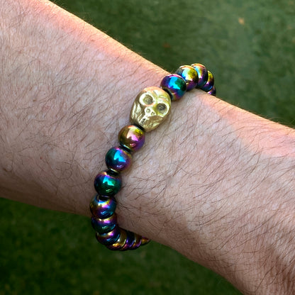 Rainbow Hematite gemstone Skull Bracelet