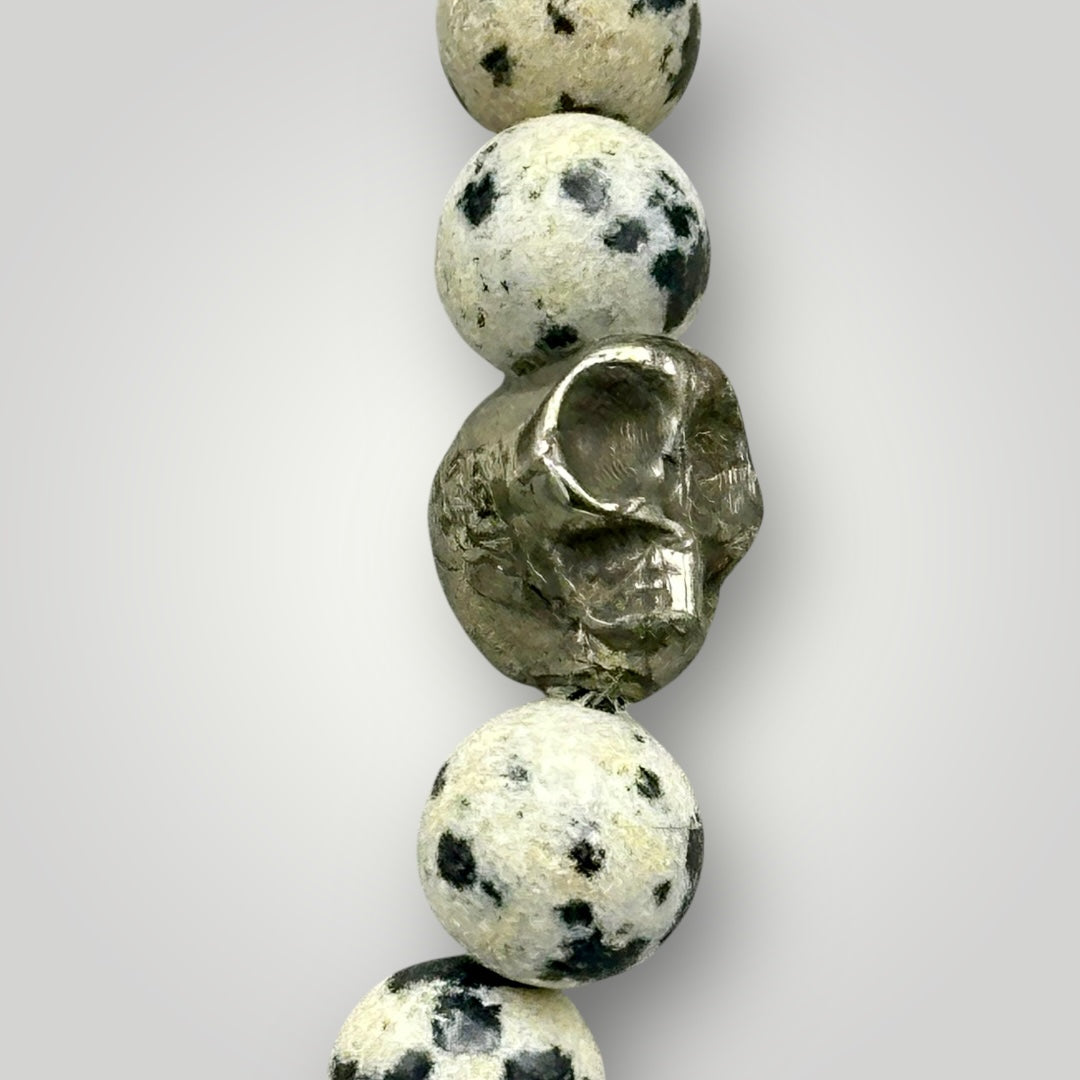 Dalmatian Jasper and Pyrite Skull Beaded Bracelet