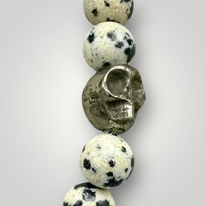 Dalmatian Jasper and Pyrite Skull Beaded Bracelet