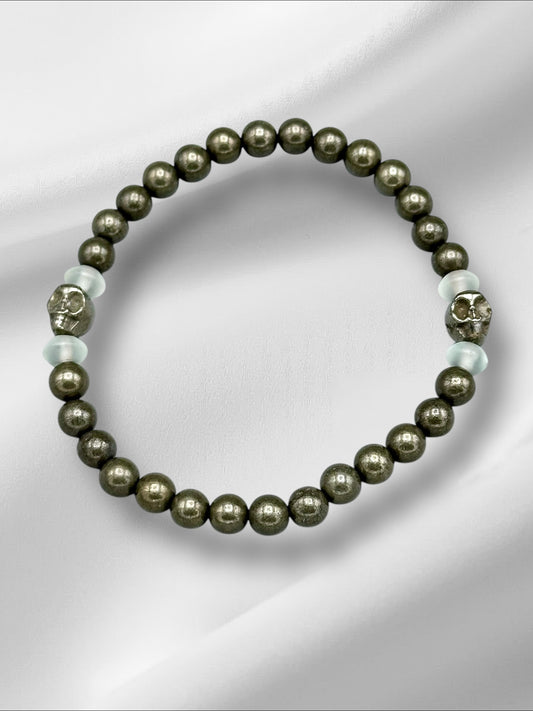 Pyrite Skull and Quartz Beaded Bracelet