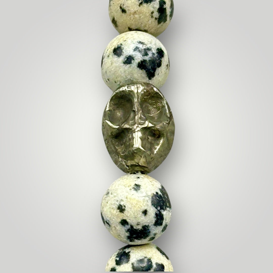 Dalmatian Jasper and Pyrite Skull Beaded Bracelet