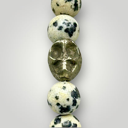 Dalmatian Jasper and Pyrite Skull Beaded Bracelet