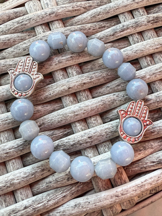 Angelite and Hamsa Beaded Bracelet
