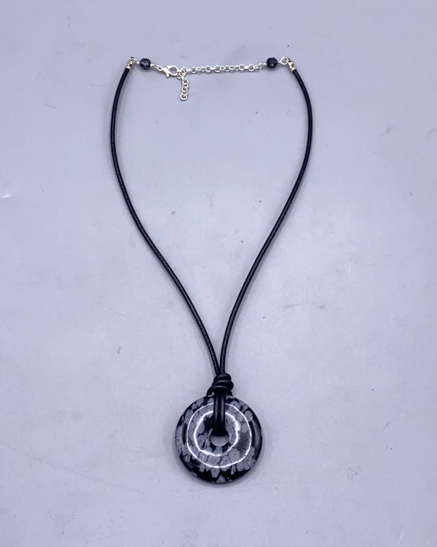 Sbowflake Obsidian Gemstone Donut and Leather Necklace