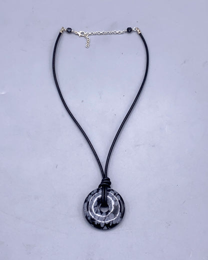 Sbowflake Obsidian Gemstone Donut and Leather Necklace