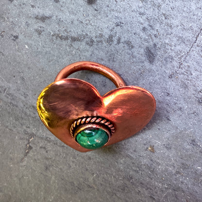 Handmade copper heart with Malicite gemstone ring