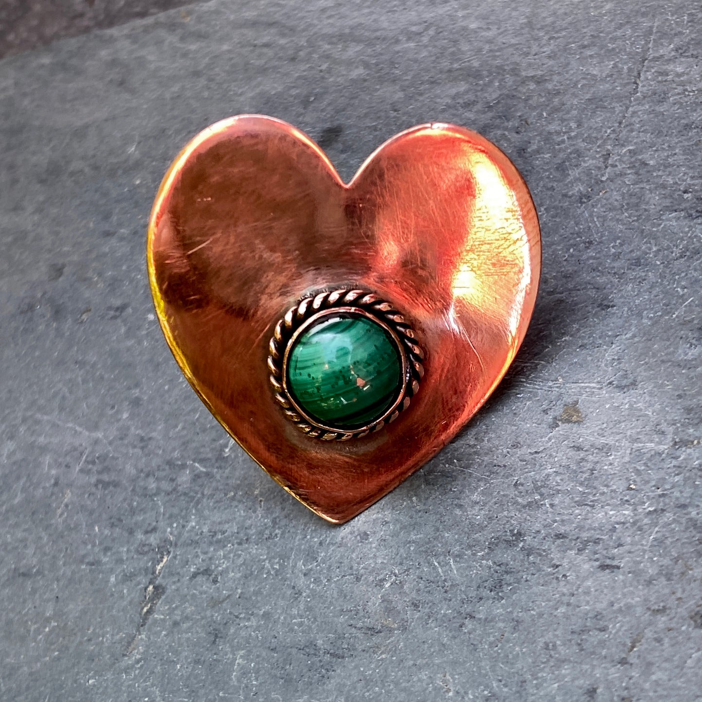 Handmade copper heart with Malicite gemstone ring