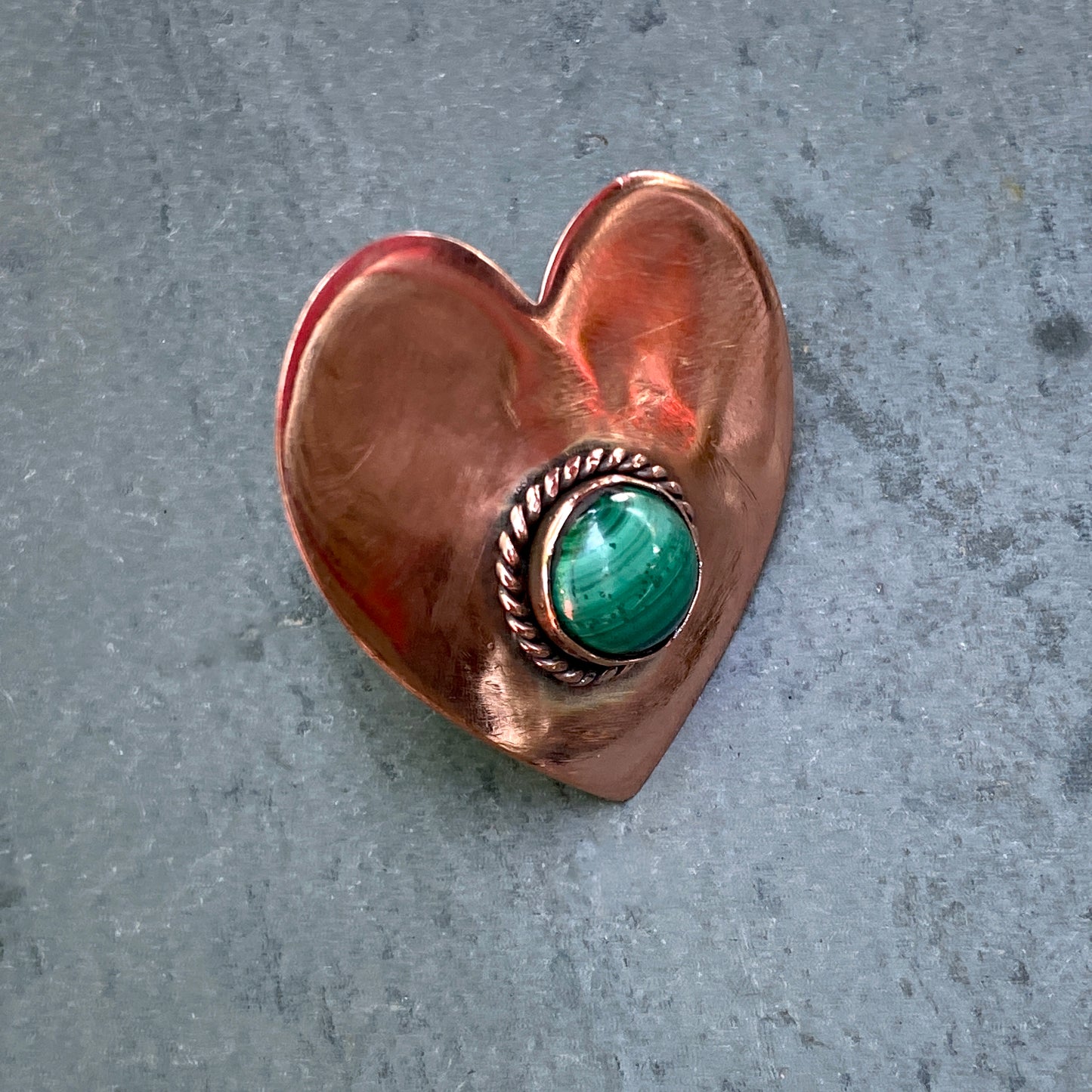 Handmade copper heart with Malicite gemstone ring